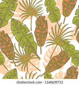 Tropical floral vector seamless pattern with palm leaves.