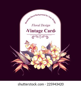 Tropical Floral Vintage Card with Exotic Flowers and Butterflies. Bird of Paradise Background. Vector Design element.