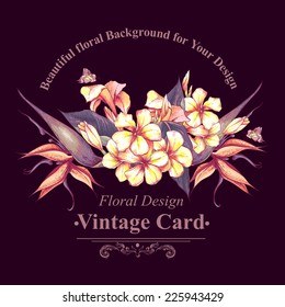 Tropical Floral Vintage Card with Exotic Flowers and Butterflies. Bird of Paradise Background. Vector Design element.