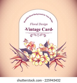 Tropical Floral Vintage Card with Exotic Flowers and Butterflies. Bird of Paradise Background. Vector Design element.