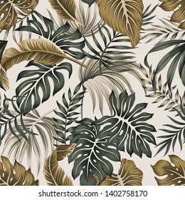 Tropical floral vintage foliage palm leaves seamless pattern grey background. Exotic jungle wallpaper.