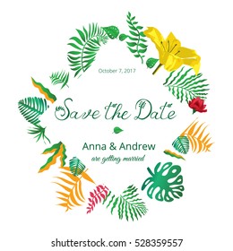 Tropical floral wedding invitation with calligraphy text. Green leaves and flowers including rose and lilly. Botanical vector illustration in modern style.

