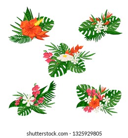 Tropical flovers bouquet isolated on a white background with exotic leaf and flaver hibiscus.