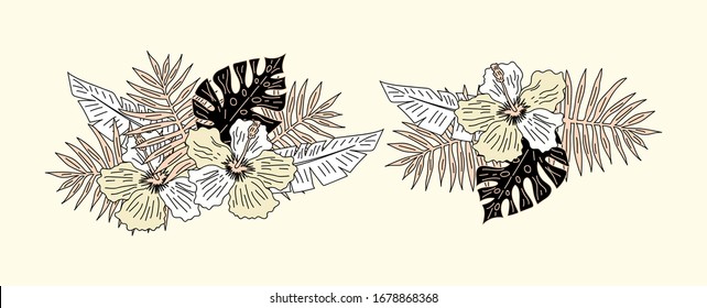 tropical flovers. vintage tropical leaves with flowers. Vector hand drawn tropical plants. Exotic engraved leaves and flowers.