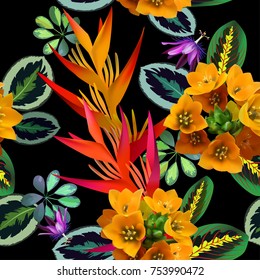 tropical flovers,seamless pattern,yellow-red flowers on a black background