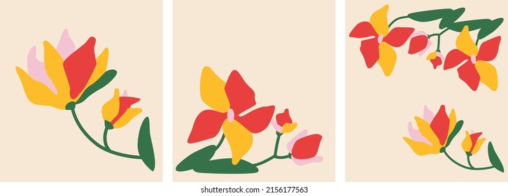 Vector abstracto de flor tropical. Afiche de tipografía de colores divertidos. Banner horizontal abstracto decorativo con doodles coloridos.  Ilustraciones modernas hechas a mano con flores tropicales. Fondo de verano