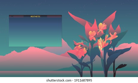Tropical flower in aesthetic space mountain landscape with OS message box style for placing text, soft tint pastel color