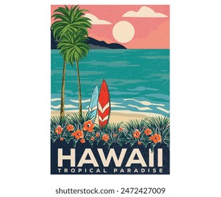 Tropical flower artwork. Hawaii surfing club vector t-shirt design. Palm tree vector design, Surf paradise artwork. Summer slogan artwork.	