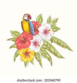 Tropical flower background. Beautiful summer print with hibiscus and parrot 1