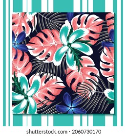Tropical flower background with frangipani and palm leaves. Seamless floral pattern on dark background. Exotic botanical wallpaper
