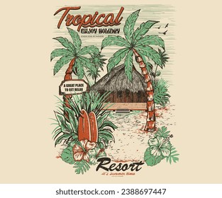 Tropical flower. Beach paradise resort. Enjoy holiday at dream paradise resort t-shirt design. Endless summer artwork .surf typography for t shirt. Summer vibes long beach hand draw. Enjoy holiday.