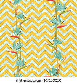 Tropical flower bird of paradise vector seamless pattern. Growing african crane flower or strelitzia reginae blossom floral textile pattern. Jungle paradise tropical plant background.