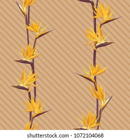 Tropical flower bird of paradise vector seamless pattern. Vivid african crane flower or strelitzia reginae blossom floral fabric pattern. Jungle paradise tropical plant background.
