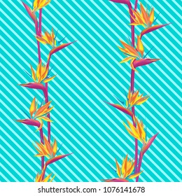 Tropical flower bird of paradise vector seamless pattern. Creative african crane flower or strelitzia reginae blossom floral fabric pattern. Jungle paradise tropical plant background design.