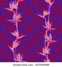 Tropical flower bird of paradise vector seamless pattern. Detailed african crane flower or strelitzia reginae blossom floral textile pattern. Jungle paradise tropical plant wallpaper design.