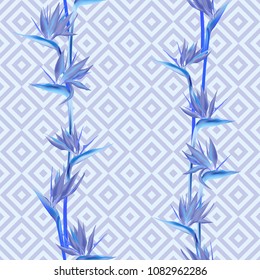 Tropical flower bird of paradise vector seamless pattern. Modern african crane flower or strelitzia reginae blossom floral textile pattern. Jungle paradise tropical plant background.