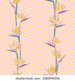 Tropical flower bird of paradise vector seamless pattern. Vivid african crane flower or strelitzia reginae blossom floral textile pattern. Jungle paradise tropical plant background summer design.