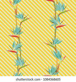 Tropical flower bird of paradise vector seamless pattern. Delicate african crane flower or strelitzia reginae blossom floral fabric pattern. Jungle paradise tropical plant background summer design.