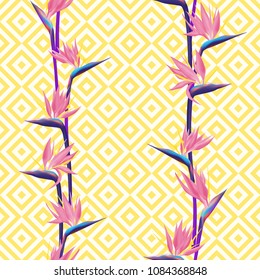 Tropical flower bird of paradise vector seamless pattern. Realistic african crane flower or strelitzia reginae blossom floral fabric pattern. Jungle paradise tropical plant background.