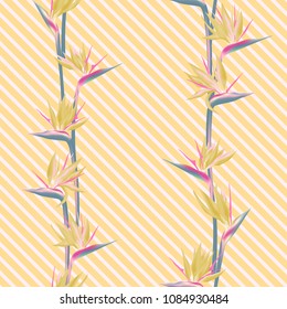 Tropical flower bird of paradise vector seamless pattern. Exotic african crane flower or strelitzia reginae blossom floral textile pattern. Jungle paradise tropical plant background design.