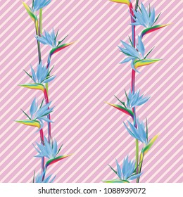 Tropical flower bird of paradise vector seamless pattern. Vivid african crane flower or strelitzia reginae blossom floral textile pattern. Jungle paradise tropical plant background.