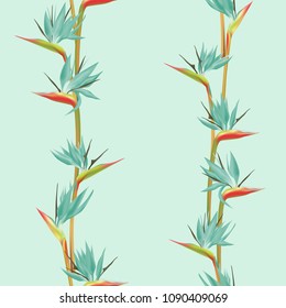Tropical flower bird of paradise vector seamless pattern. Detailed african crane flower or strelitzia reginae blossom floral fabric pattern. Jungle paradise tropical plant background summer design.