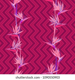 Tropical flower bird of paradise vector seamless pattern. Vivid african crane flower or strelitzia reginae blossom floral fabric pattern. Jungle paradise tropical plant background design.