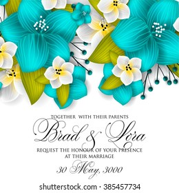Tropical flower, blossom cluster pattern . Beautiful background with tropical flowers and palm leaves, plant and leaf.