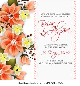Tropical flower, blossom cluster pattern . Beautiful background with tropical flowers and palm leaves, plant and leaf.