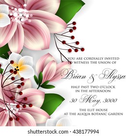Tropical flower, blossom cluster pattern . Beautiful background with tropical flowers and palm leaves, plant and leaf.