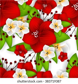 Tropical flower, blossom cluster seamless pattern . Beautiful background with tropical flowers and palm leaves, plant and leaf.