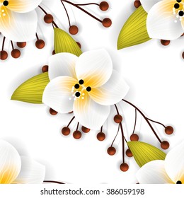 Tropical flower, blossom cluster seamless pattern . Beautiful background with tropical flowers and palm leaves, plant and leaf.