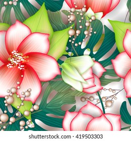 Tropical flower, blossom cluster seamless pattern . Beautiful background with tropical flowers and palm leaves, plant and leaf.