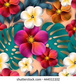 Tropical flower, blossom cluster seamless pattern . Beautiful background with tropical flowers and palm leaves, plant and leaf.