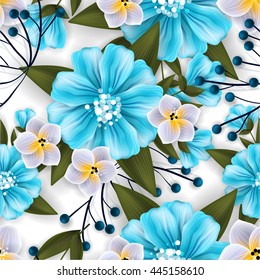 Tropical flower, blossom cluster seamless pattern . Beautiful background with tropical flowers and palm leaves, plant and leaf.