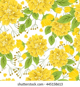 Tropical flower, blossom cluster seamless pattern . Beautiful background with tropical flowers and palm leaves, plant and leaf.
