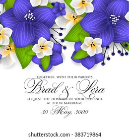 Tropical flower, blossom  pattern . Beautiful background with tropical flowers and palm leaves, plant and leaf. Wedding Invitation background.