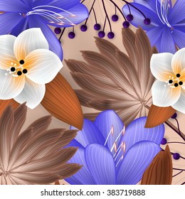 Tropical flower, blossom  pattern . Beautiful background with tropical flowers and palm leaves, plant and leaf. Wedding Invitation background.