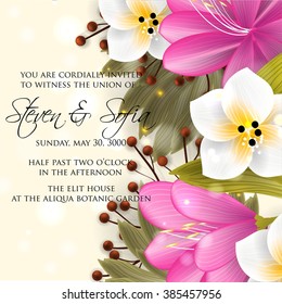Tropical flower, blossom pattern . Beautiful background with tropical flowers and palm leaves, plant and leaf. Wedding Invitation background.