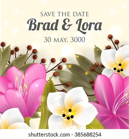 Tropical flower, blossom pattern . Beautiful background with tropical flowers and palm leaves, plant and leaf. Wedding Invitation background.