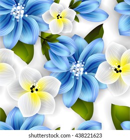 Tropical flower, blossom pattern . Beautiful background with tropical flowers and palm leaves, plant and leaf. Wedding Invitation background.