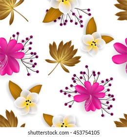 Tropical flower, blossom seamless pattern . Beautiful background with tropical flowers and palm leaves, plant and leaf. Wedding Invitation background.