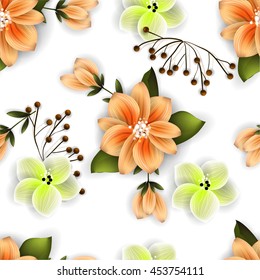 Tropical flower, blossom seamless pattern . Beautiful background with tropical flowers and palm leaves, plant and leaf. Wedding Invitation background.