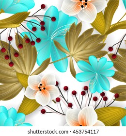 Tropical flower, blossom seamless pattern . Beautiful background with tropical flowers and palm leaves, plant and leaf. Wedding Invitation background.