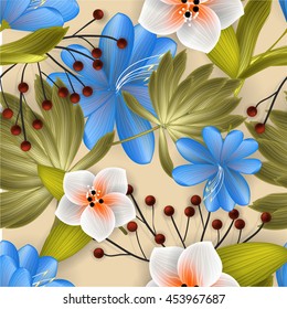 Tropical flower, blossom seamless pattern . Beautiful background with tropical flowers and palm leaves, plant and leaf. Wedding Invitation background.