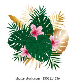 Tropical flower bouquet of green and gold palm leaves, leaves of monstera and flowers of hibiscus. Exotic template for design, print, poster, party, template, summer background, clip art. Vector.