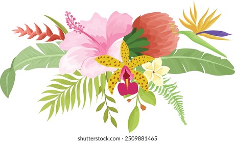 Tropical flower bouquet. Hibiscus. Orchid flowers. and tropical leaves