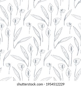 Tropical flower calla with leaves simple lines seamless pattern. Floral fabric print background.