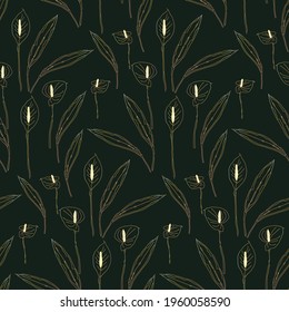Tropical flower calla with leaves simple lines seamless pattern. Floral fabric print background.