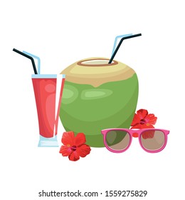 tropical flower and coconut drink and sunglasses over white background, vector illustration